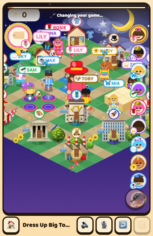 A game called Dress Up Big Town: a busy isometric town at night full of little characters, with a change being applied to it while it plays.