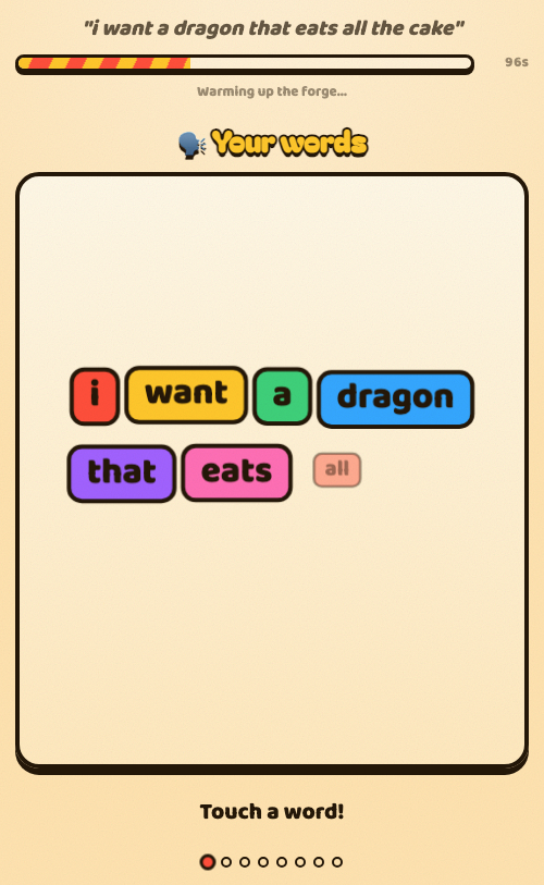 The build-wait lesson: her own sentence broken into coloured word blocks she can tap.